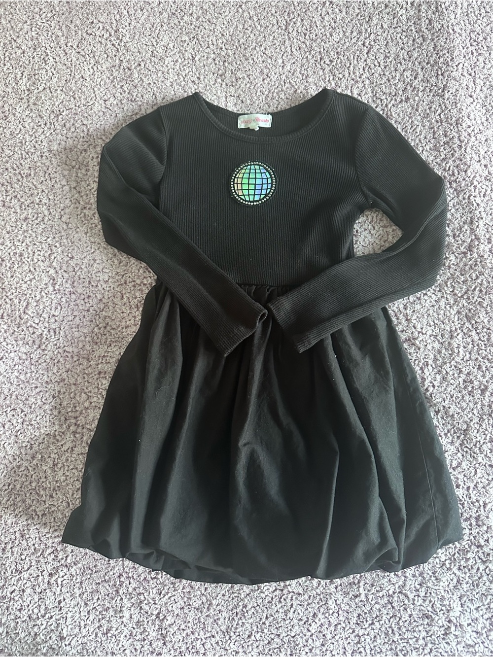 Black Long-Sleeve Girls Casual Dress with Iridescent Globe Patch